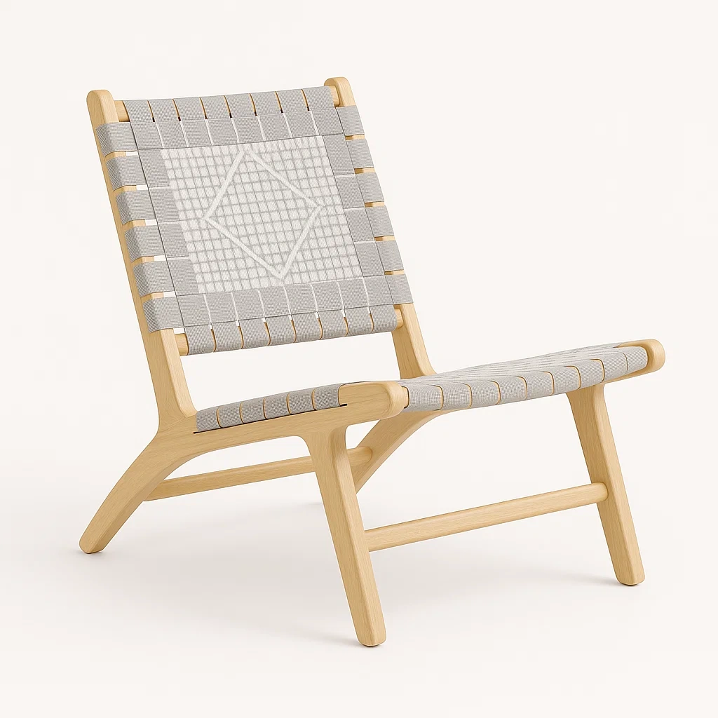 Silla de terraza de madera clara con asiento tejido de poliéster gris 60x70x75 cm