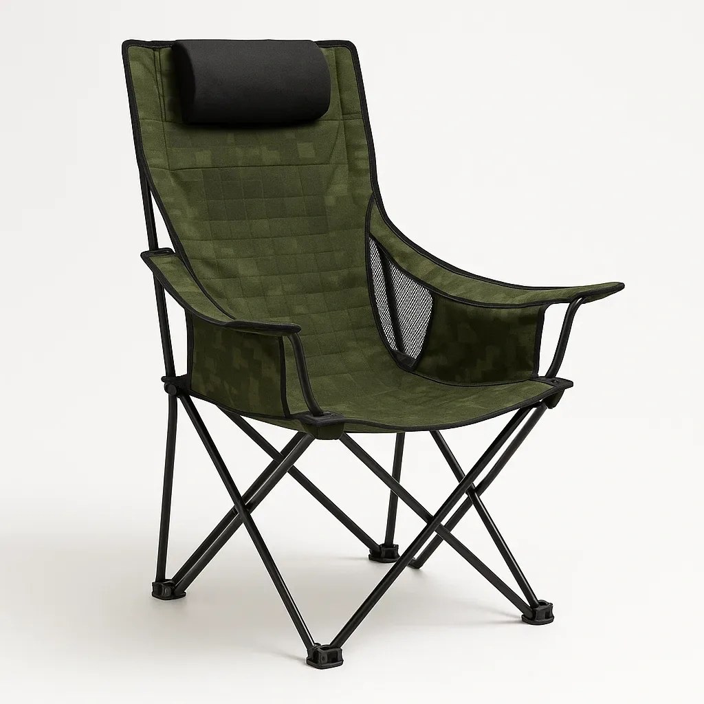 Silla de camping con estructura de acero y reposacabezas verde