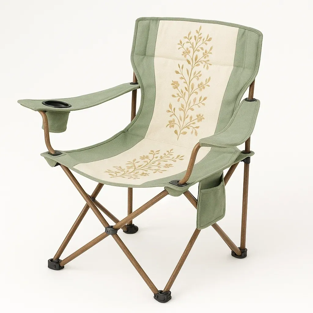 Silla de camping de acero y poliéster verde con estampado floral