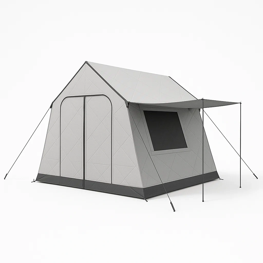 Tienda de campaña gris de poliéster con postes de fibra de vidrio