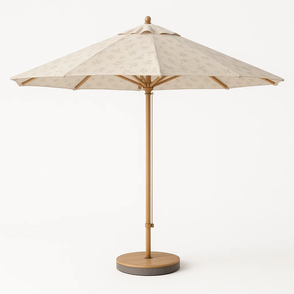 Sombrilla beige con soporte de madera y base de acero