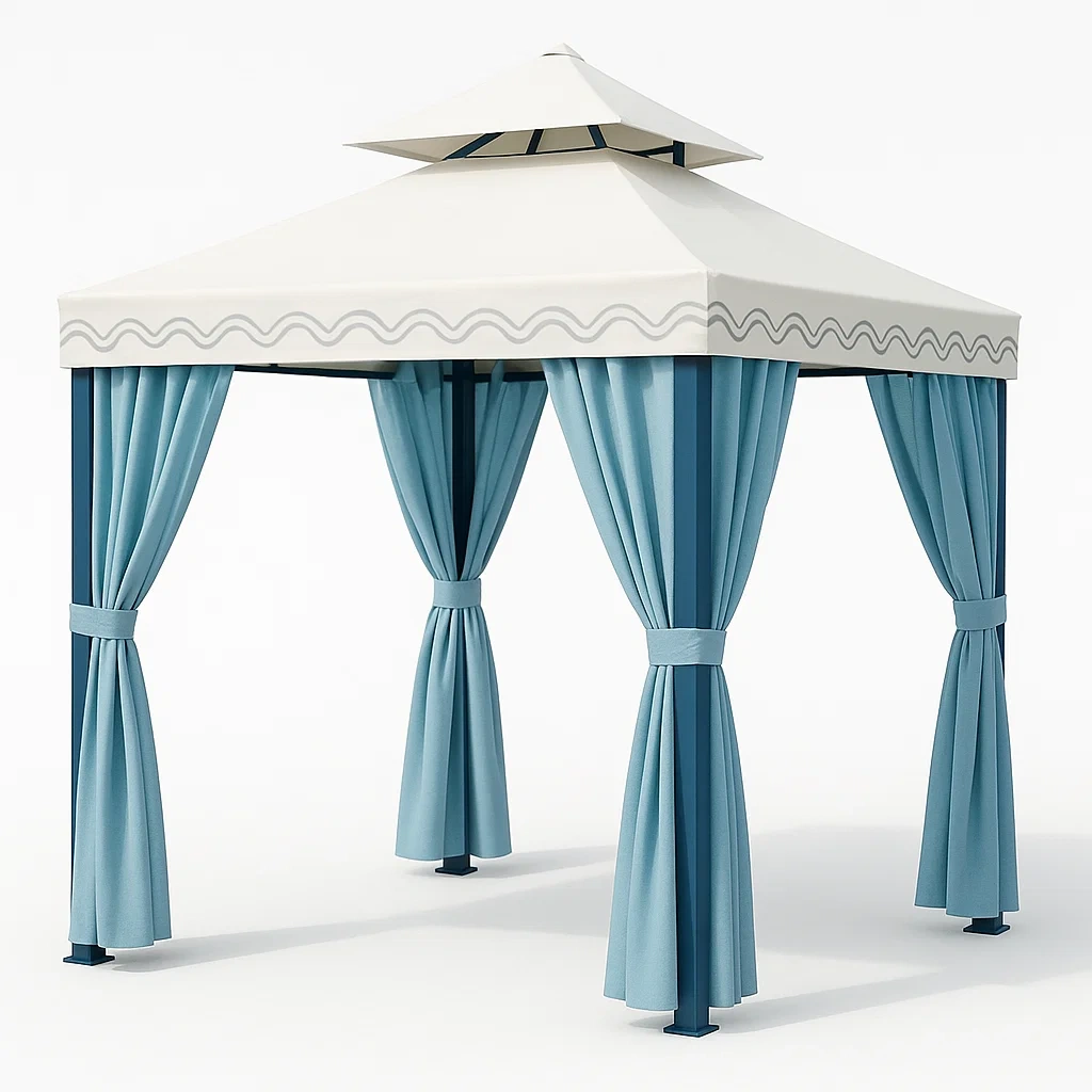 Cenador metálico azul y marfil con techo de poliéster impermeable