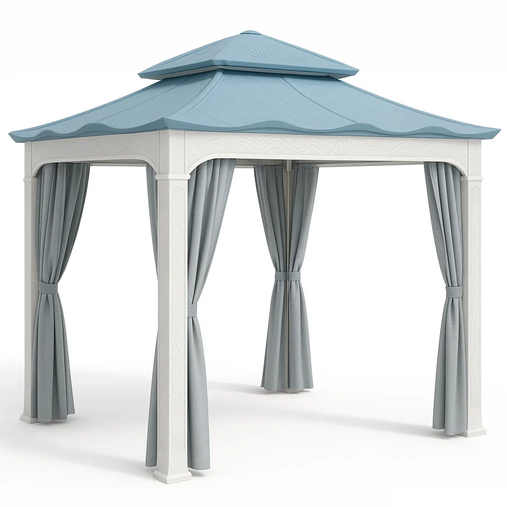 Cenador azul y blanco de resina con techo de polipropileno y cortinas de poliéster impermeable