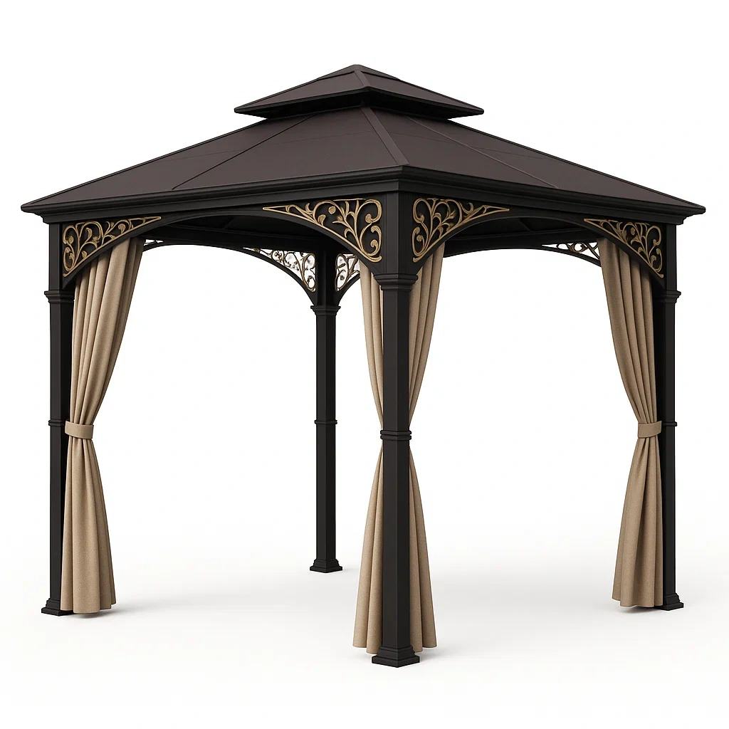 Cenador de acero con cortinas beige y negras