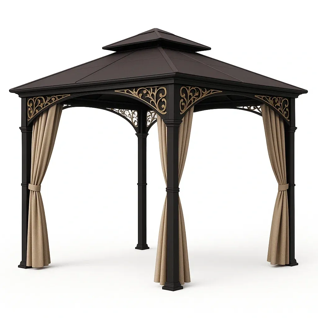 Cenador de acero con cortinas beige y negras