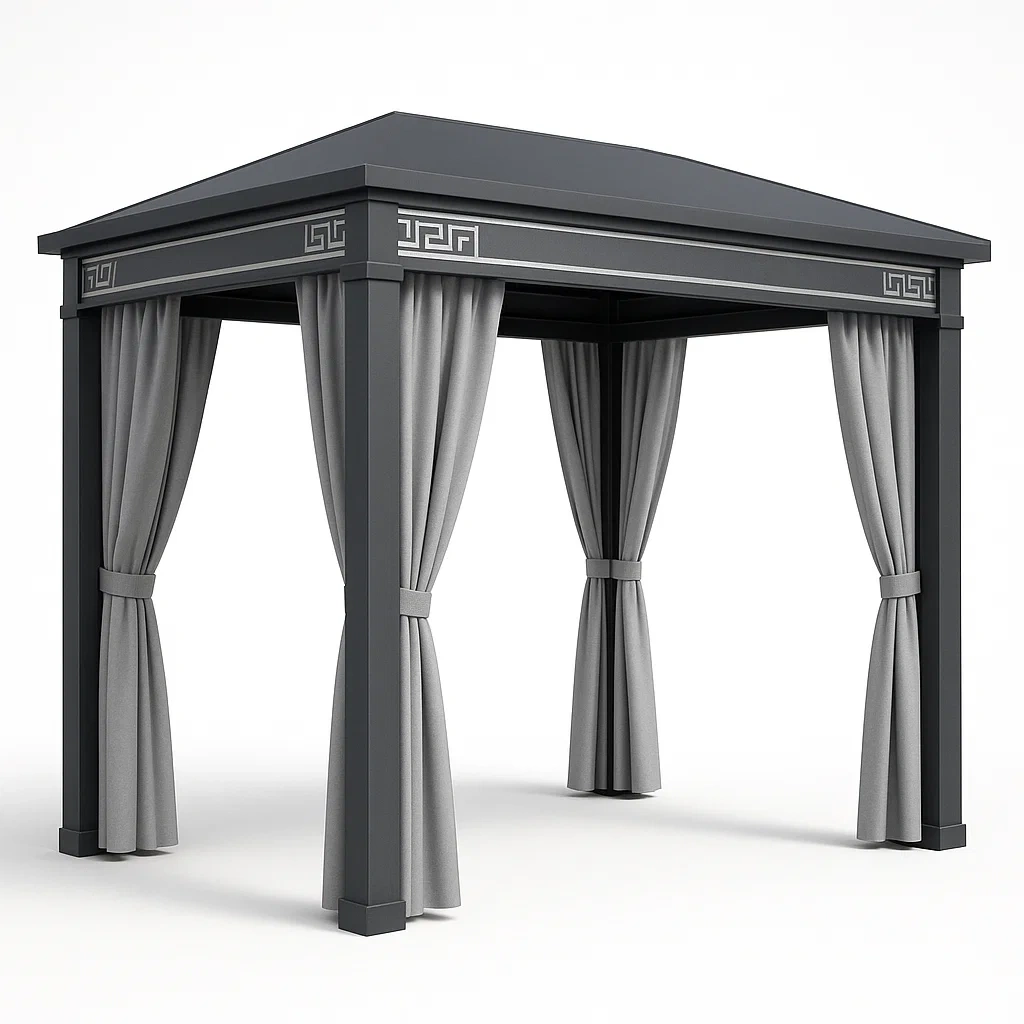 Cenador de aluminio gris con cortinas de poliéster