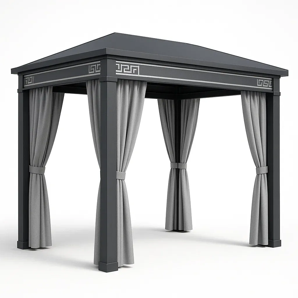 Cenador de aluminio gris con cortinas de poliéster