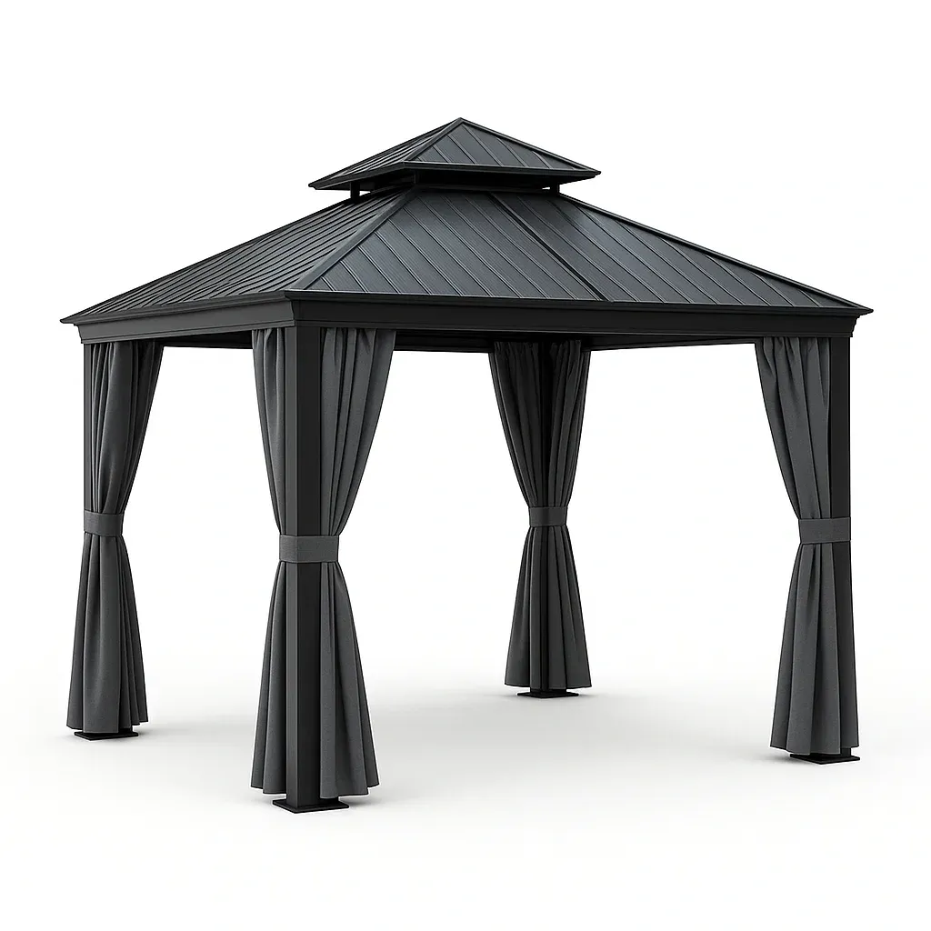 Cenador de aluminio gris con cortinas laterales