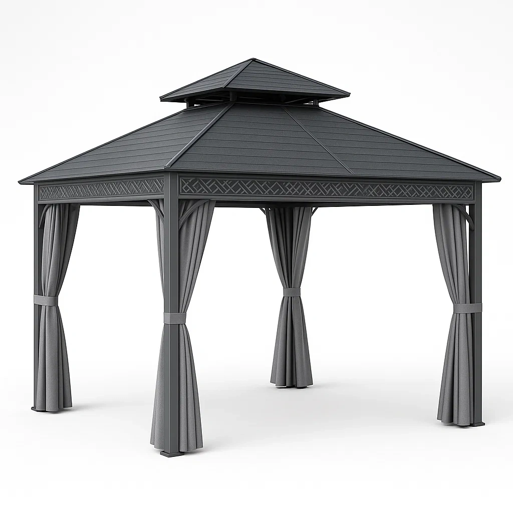 Cenador de aluminio gris oscuro con techo de acero y cortinas de poliéster