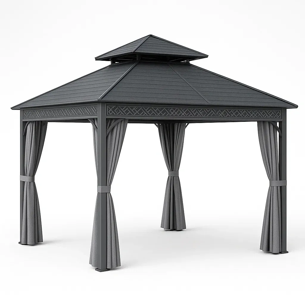 Cenador de aluminio gris oscuro con techo de acero y cortinas de poliéster