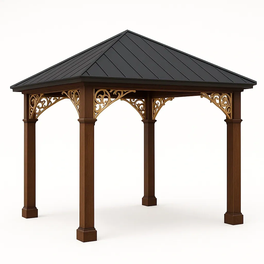 Cenador de madera con techo de metal marrón/negro 300x300x280 cm