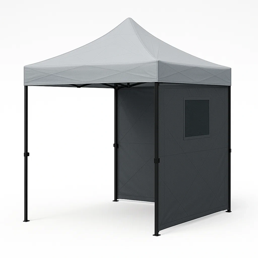 Toldo exterior plegable de acero gris claro y oscuro con poliéster impermeable