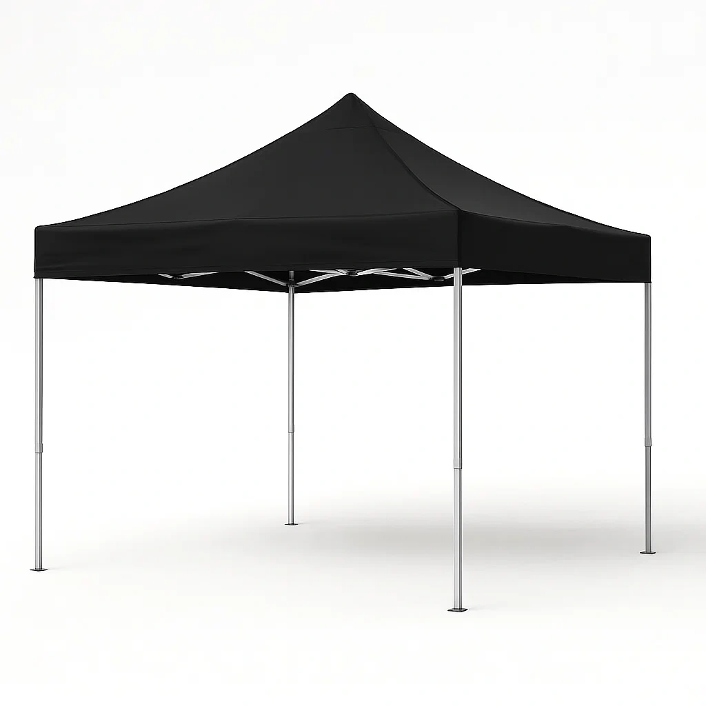 Toldo exterior plegable negro de tela de poliéster con estructura de acero