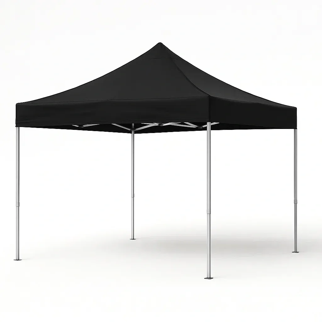 Toldo exterior plegable negro de tela de poliéster con estructura de acero