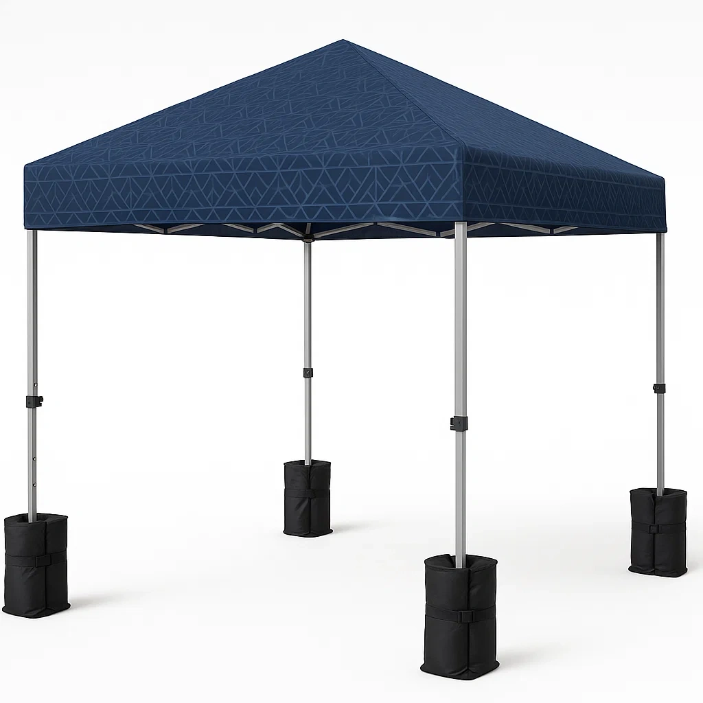 Toldo exterior plegable azul con estructura de acero