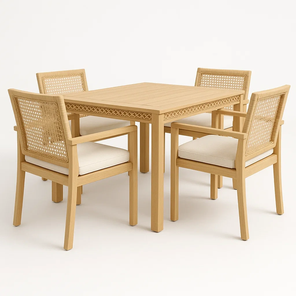 Conjunto de comedor para patio de roble y mimbre natural 5 piezas