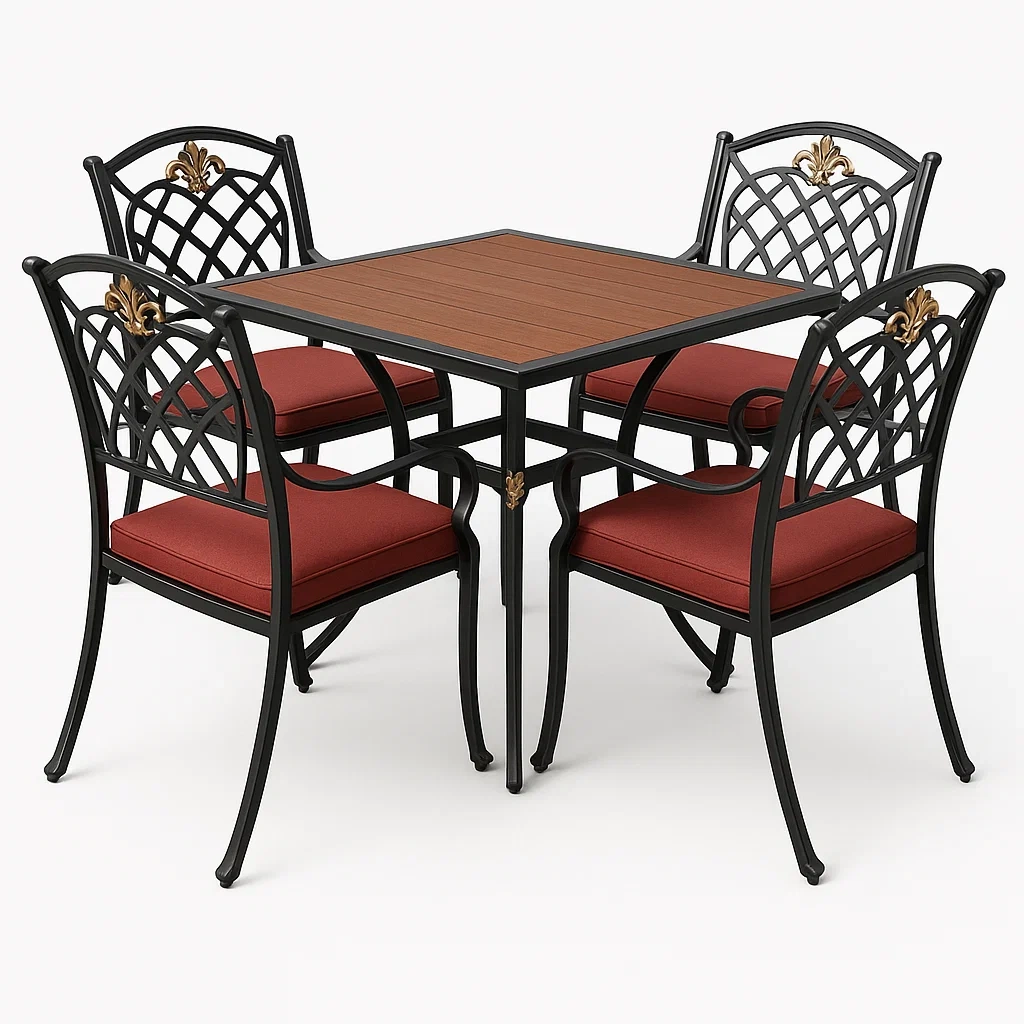 Conjunto de comedor para patio de metal y madera con cojines color rojo 5 piezas