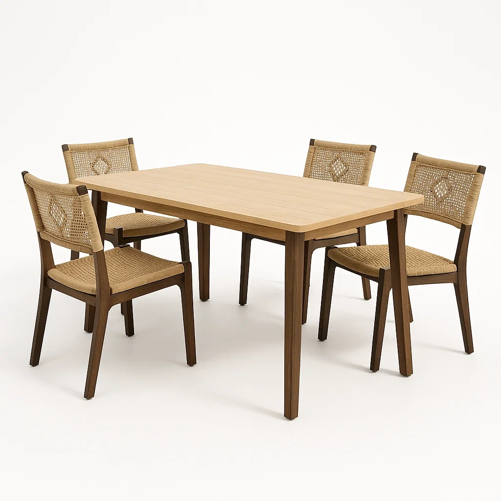 Conjunto de comedor de madera y ratán trenzado, 5 piezas