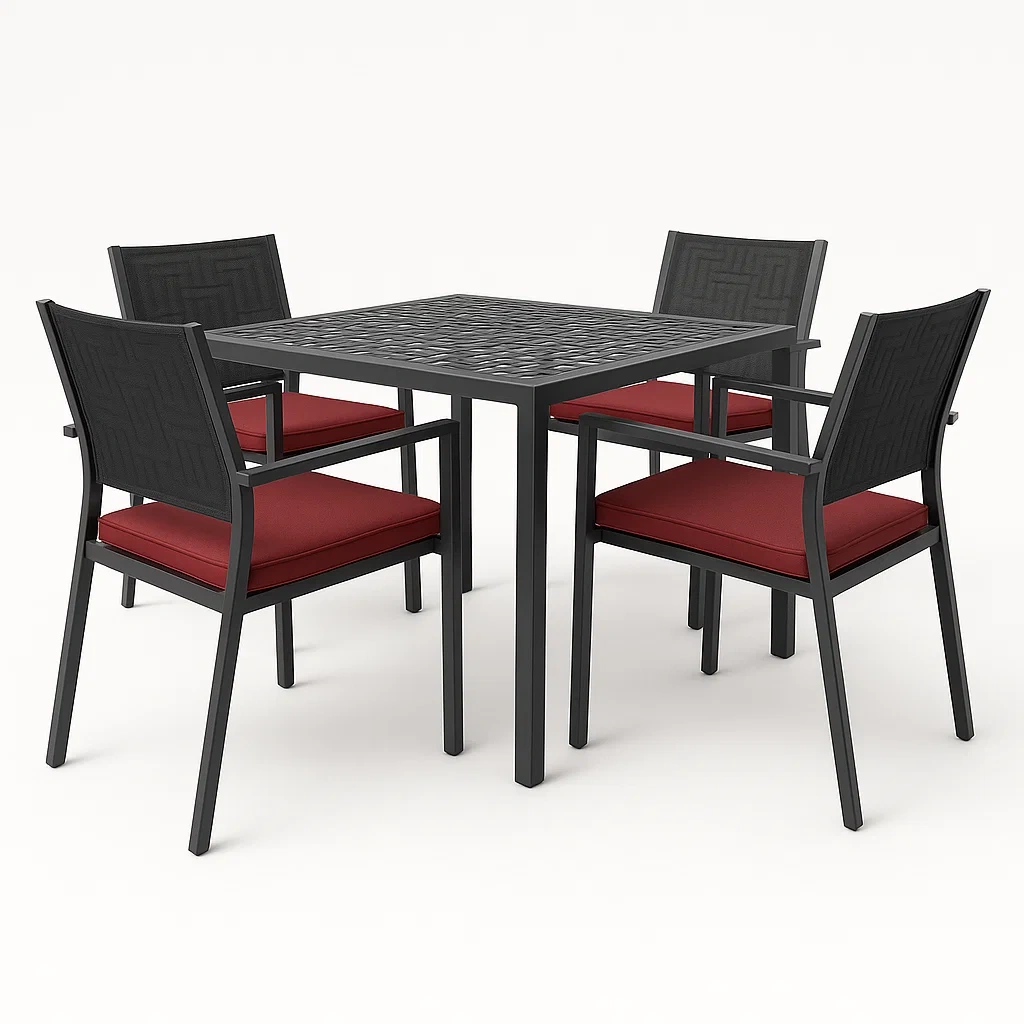 Conjunto de comedor para patio cuadrado de aluminio negro con cojines rojos