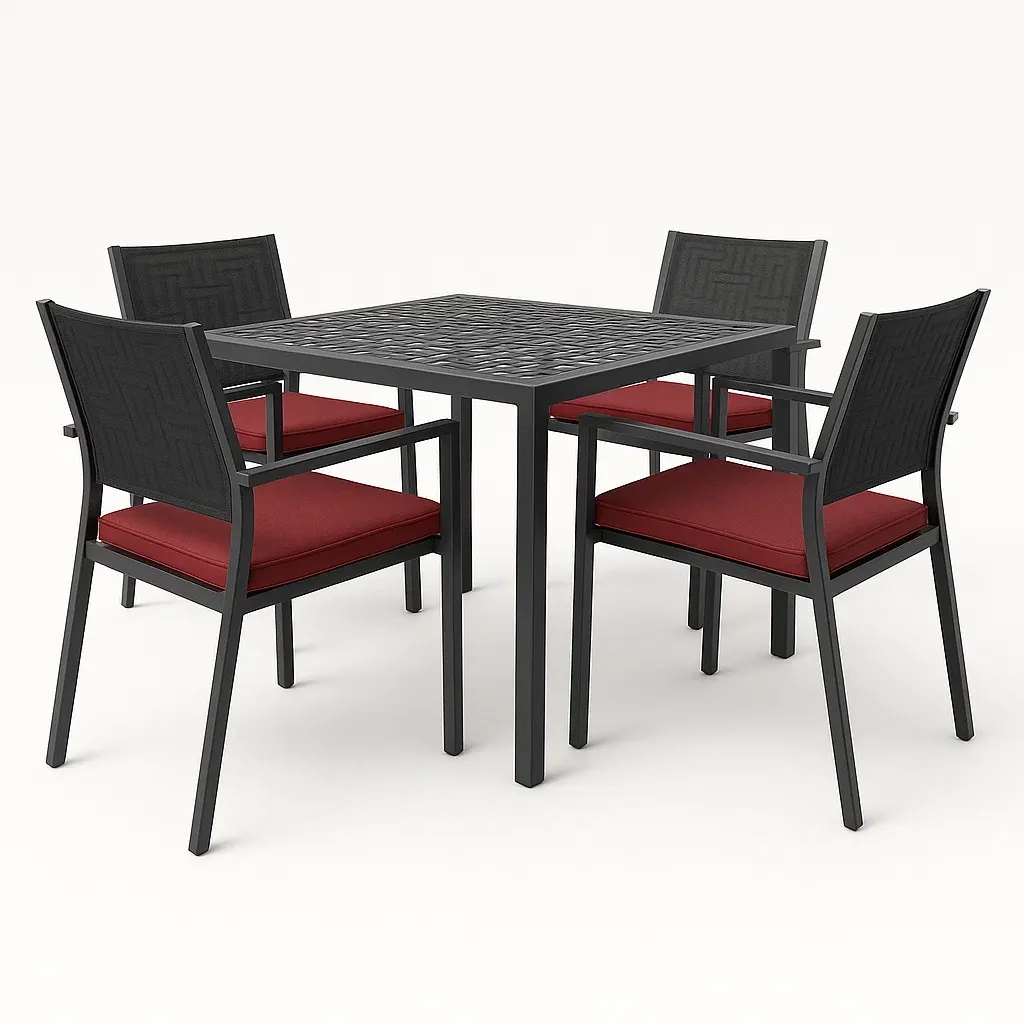 Conjunto de comedor para patio cuadrado de aluminio negro con cojines rojos