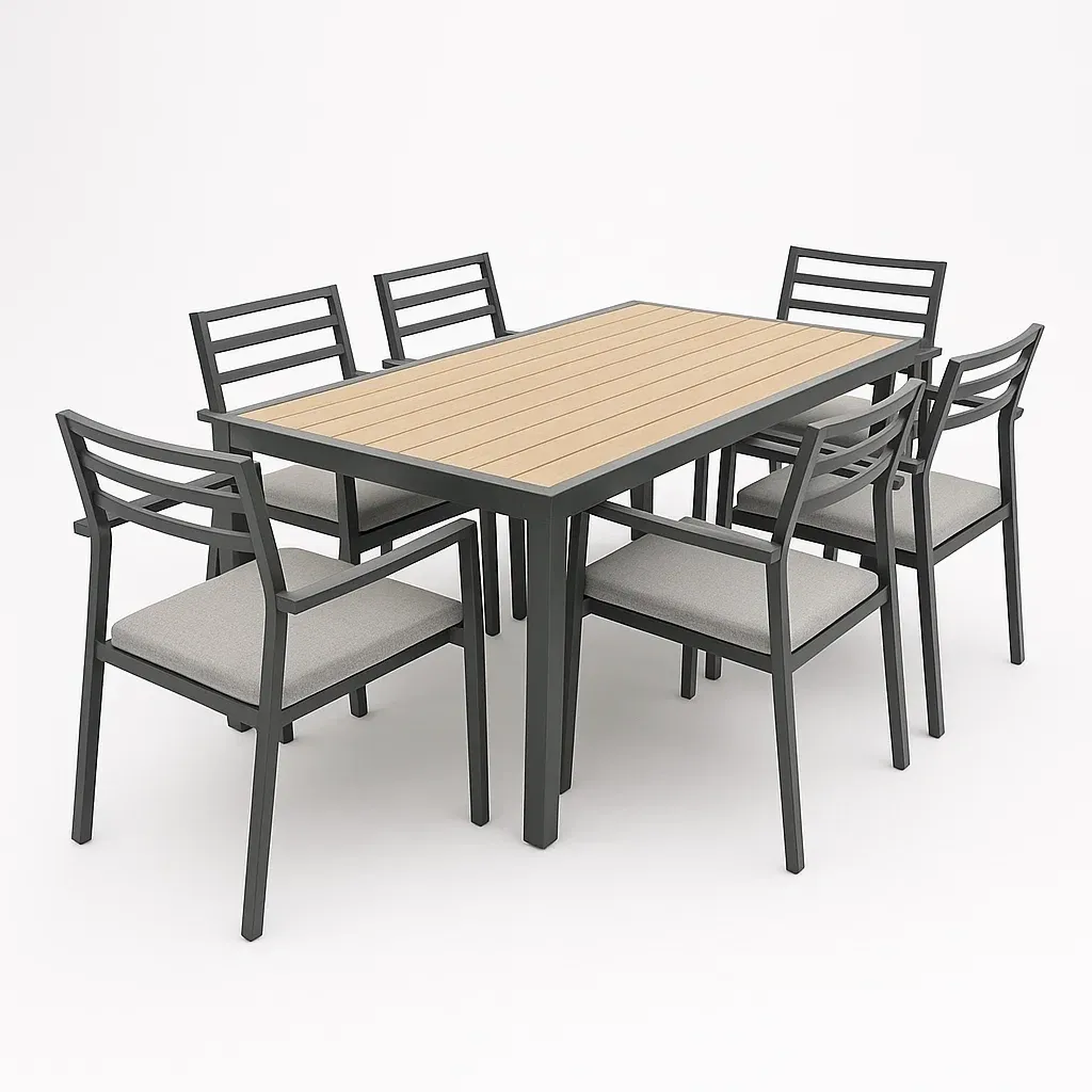 Conjunto de comedor para patio de aluminio negro y madera sintética exterior 7 piezas