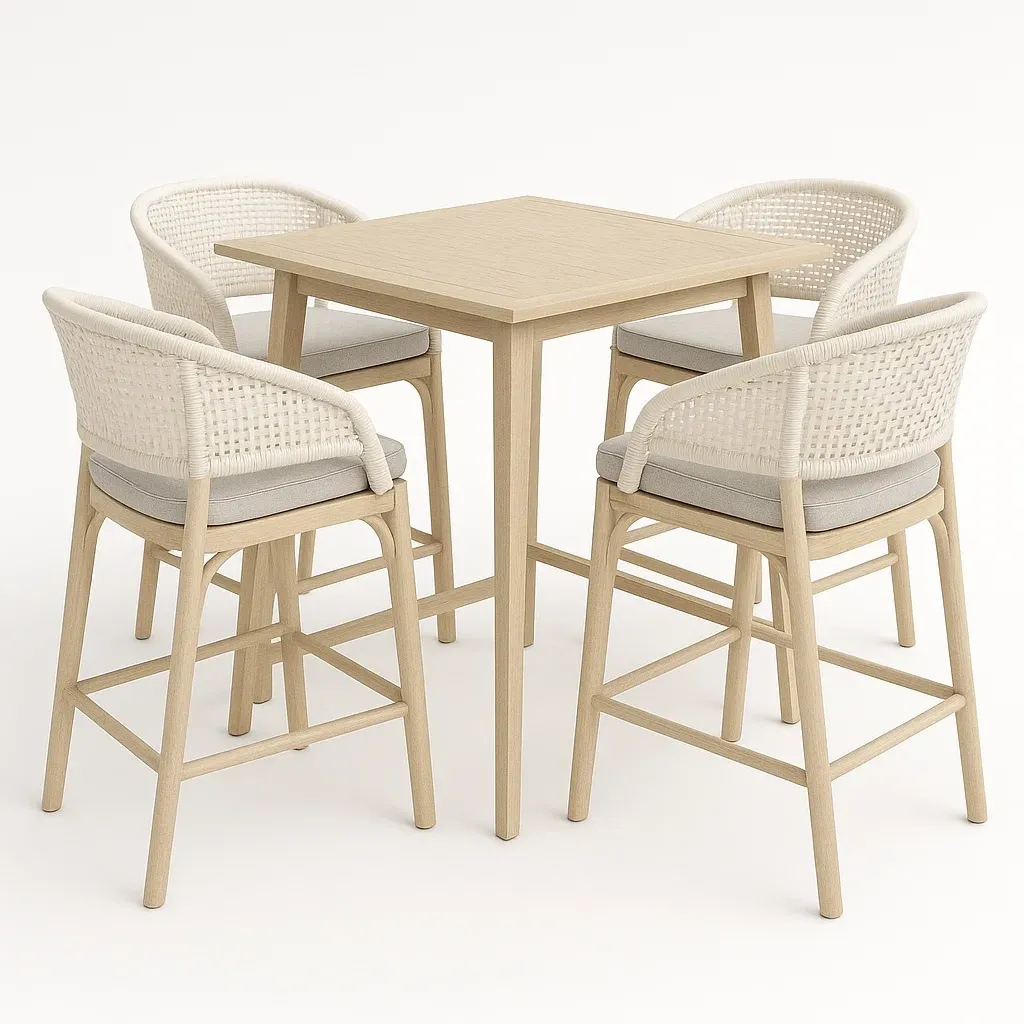 Conjunto de comedor para patio con mesa alta cuadrada y sillas de madera y cuerda 5 piezas