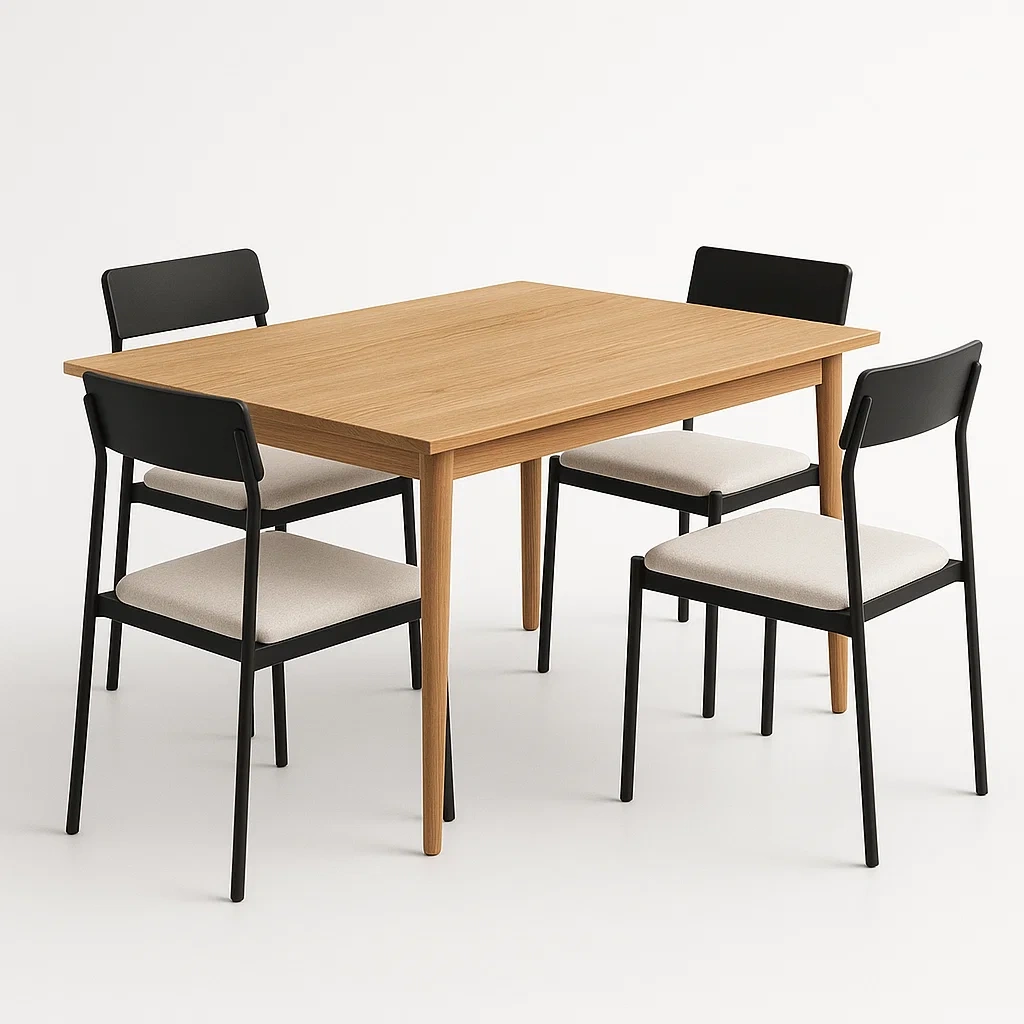 Conjunto de comedor de madera con estructura metálica negra, 5 piezas