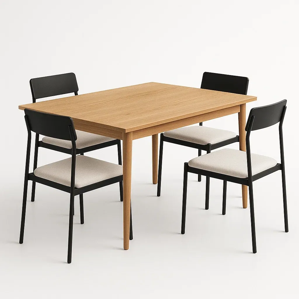 Conjunto de comedor de madera con estructura metálica negra, 5 piezas