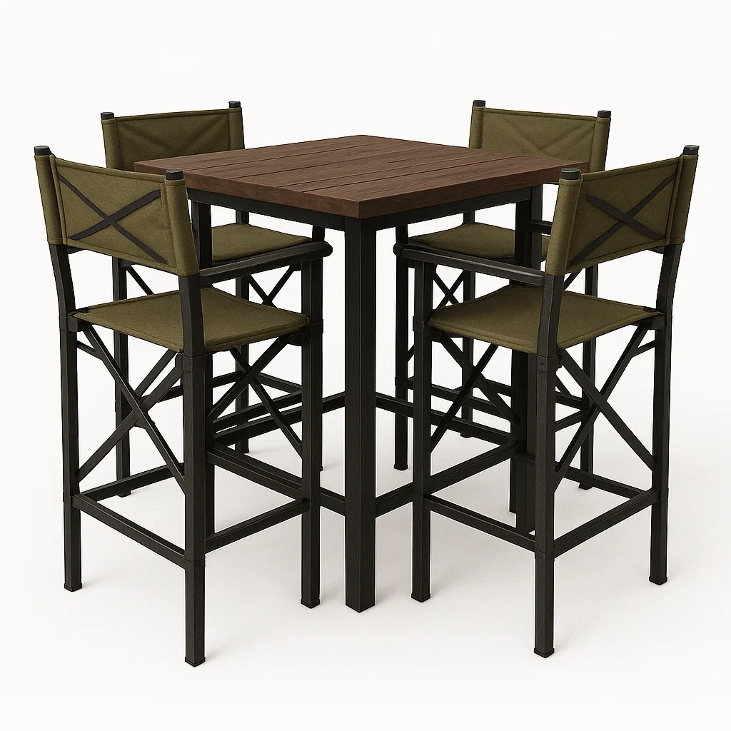 Conjunto de comedor para patio con mesa alta y sillas de metal y madera marrón/verde 5 piezas