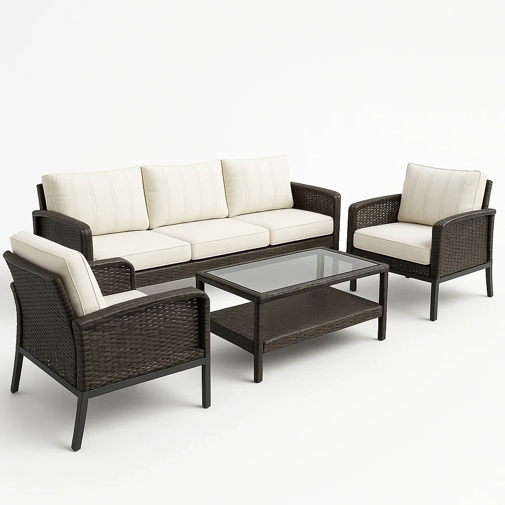 Conjunto de salón para patio de ratán sintético con tablero de vidrio templado 4 piezas