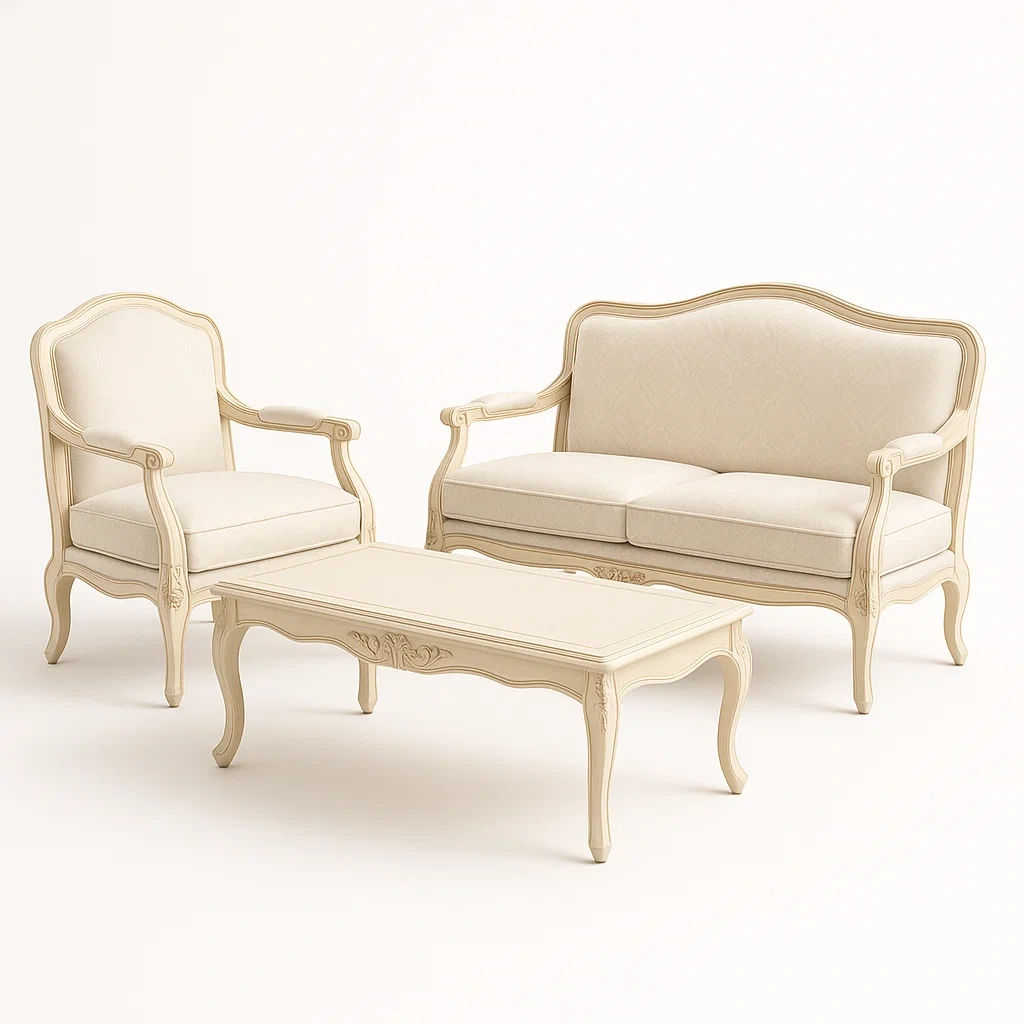 Conjunto de salón de madera con tapizado beige y mesa de centro, 3 piezas