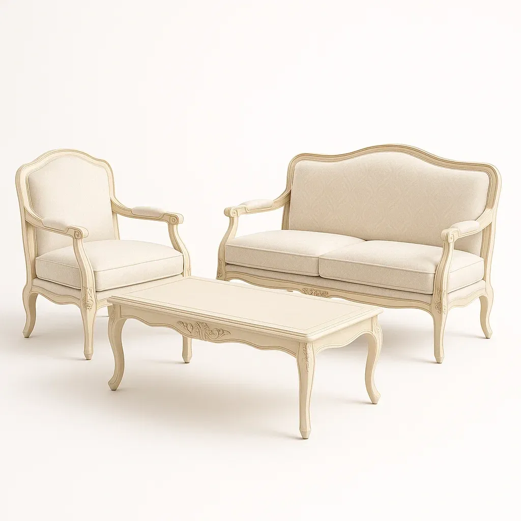 Conjunto de salón de madera con tapizado beige y mesa de centro, 3 piezas