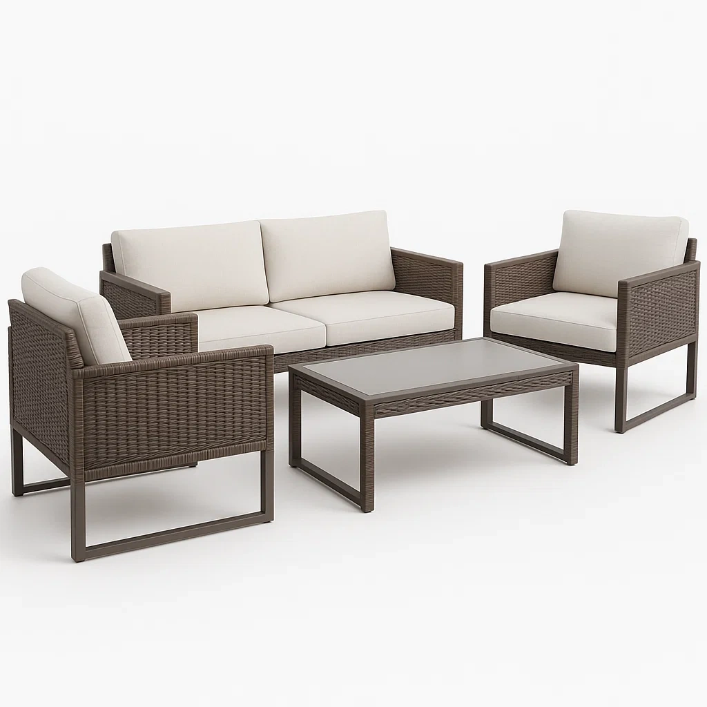 Conjunto de salón para patio de ratán con cojines color marfil 4 piezas