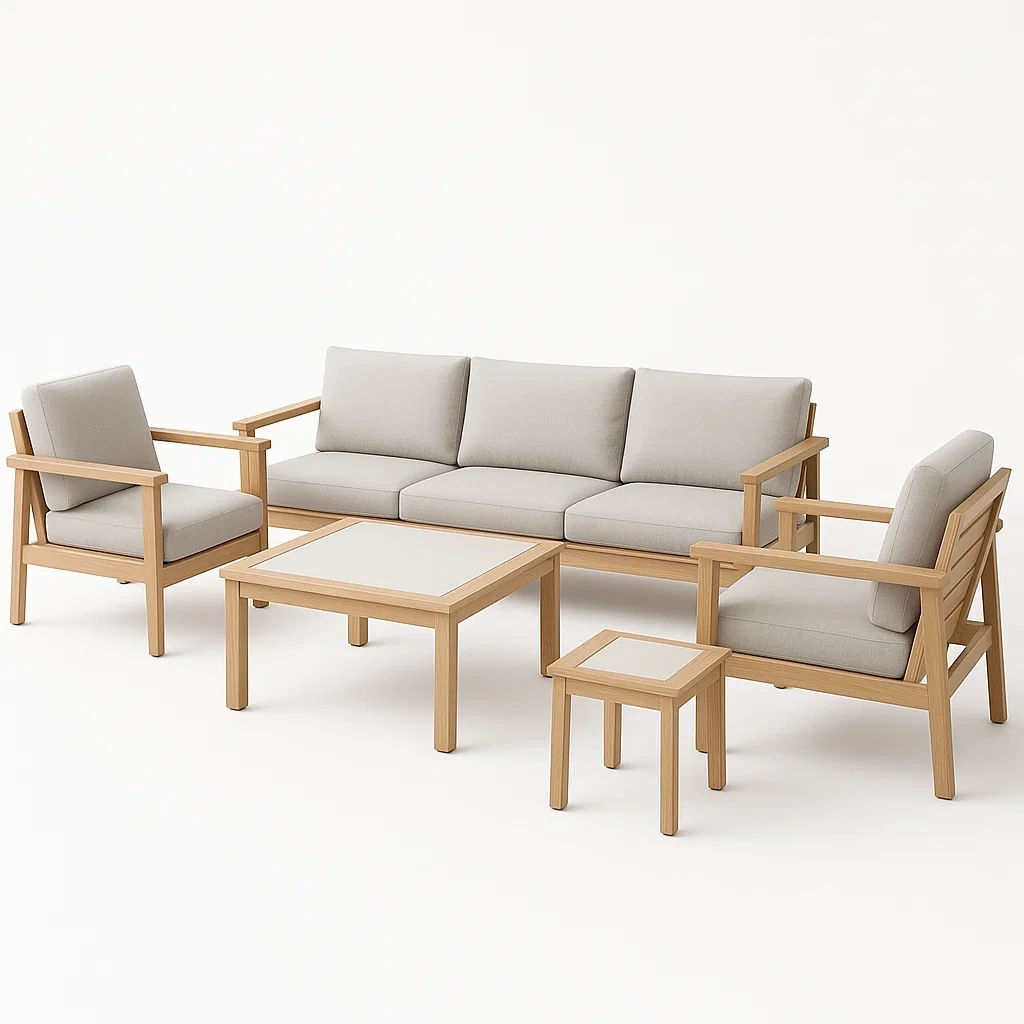 Conjunto de salón para patio de madera y tela gris 5 piezas