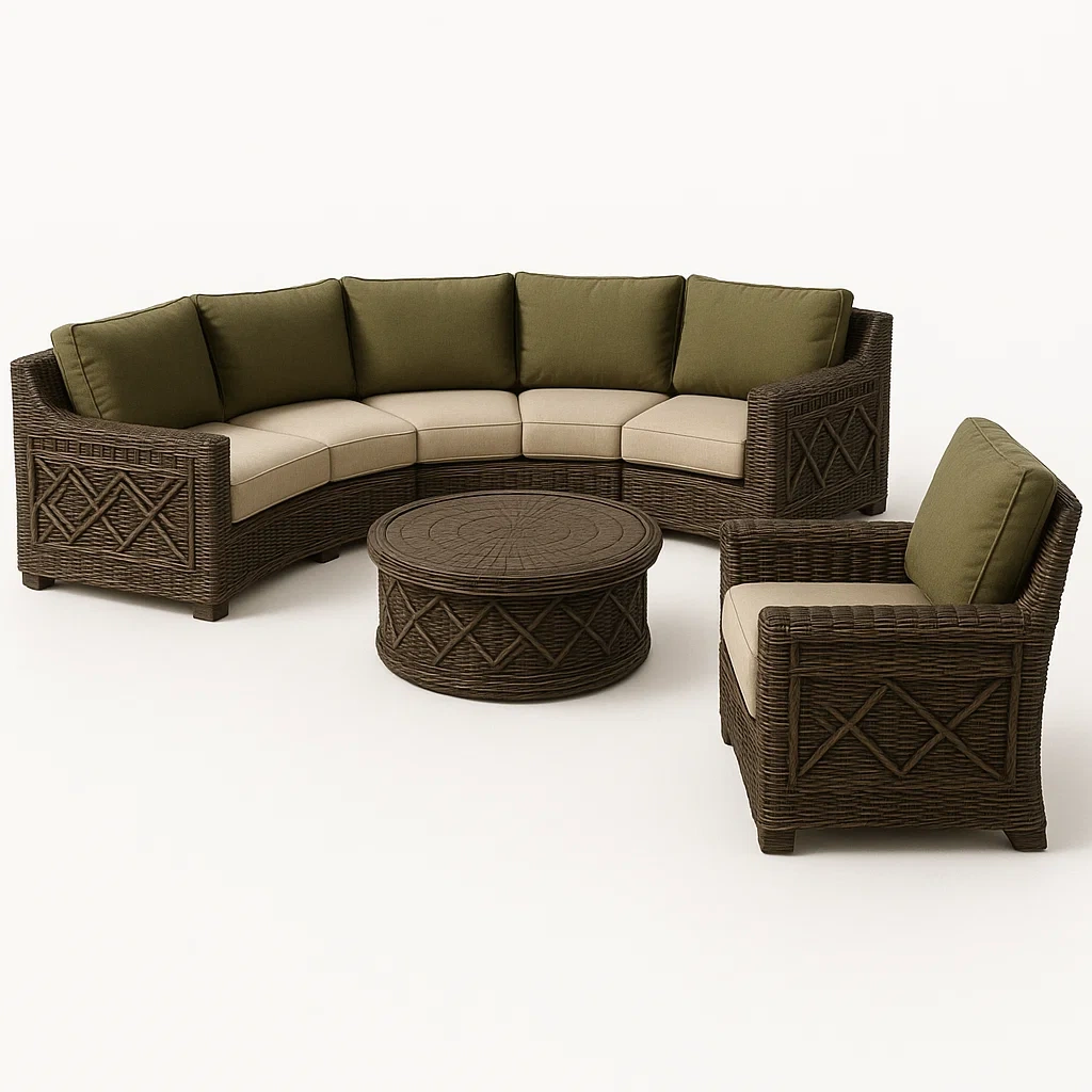 Conjunto de salón para patio seccional de ratán marrón con cojines de poliéster verde y beige