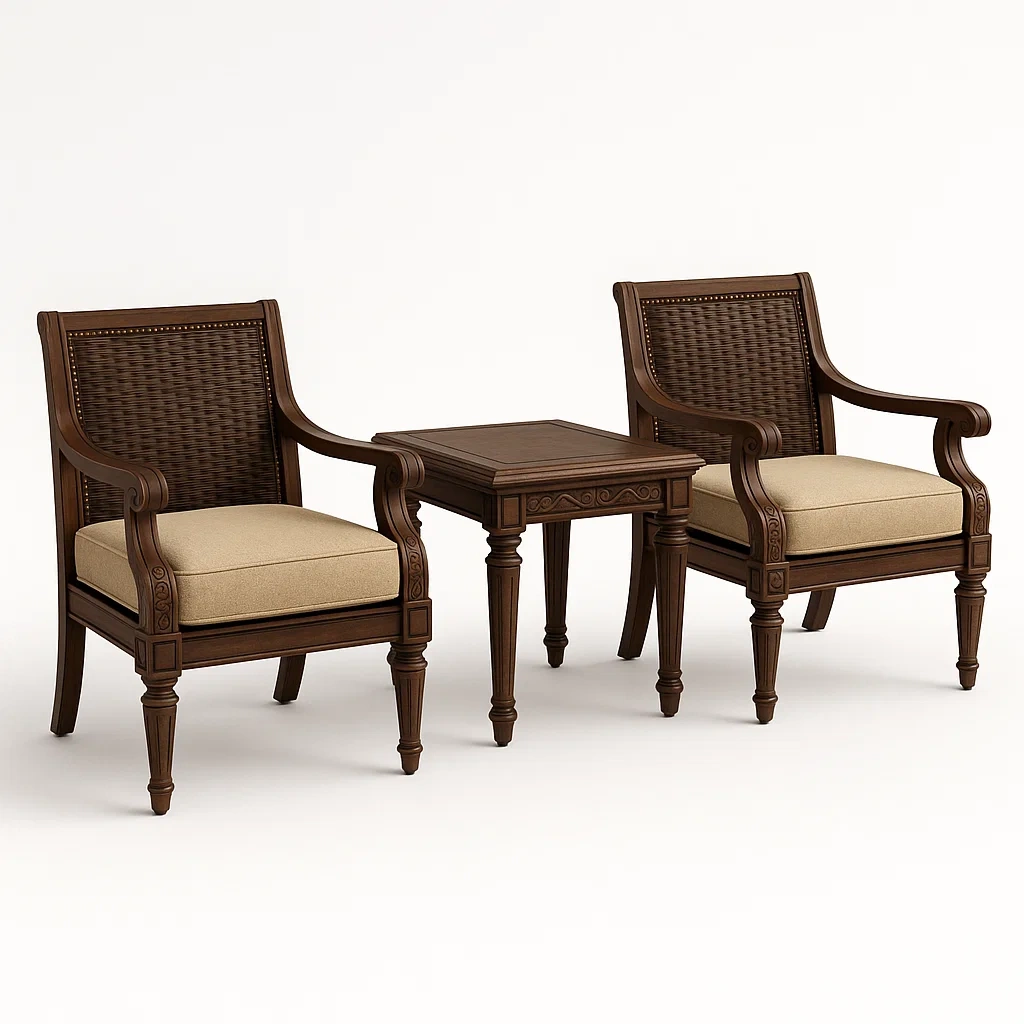 Conjunto de salón para patio de madera marrón con cojines beige 3 piezas