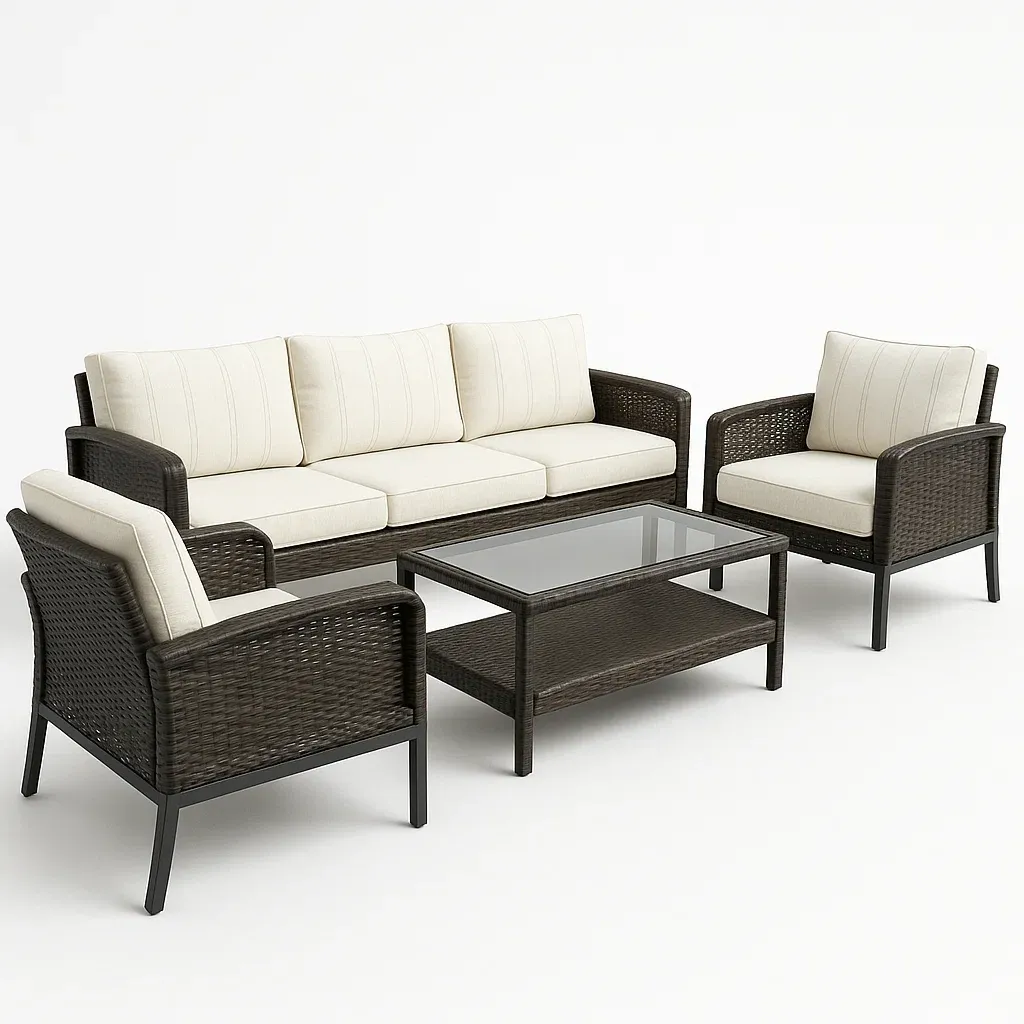 Conjunto de salón para patio de ratán sintético con tablero de vidrio templado 4 piezas