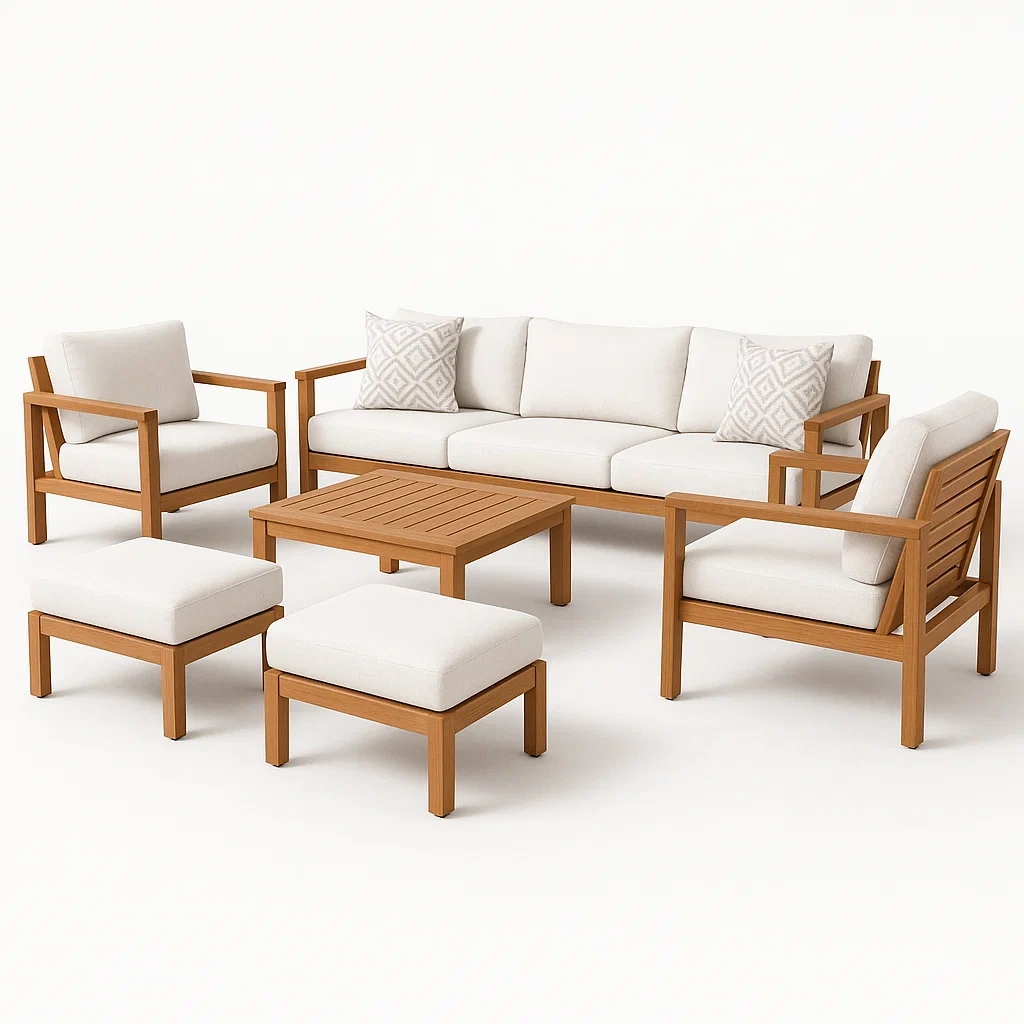 Conjunto de salón para patio de madera con cojines color crema 6 piezas