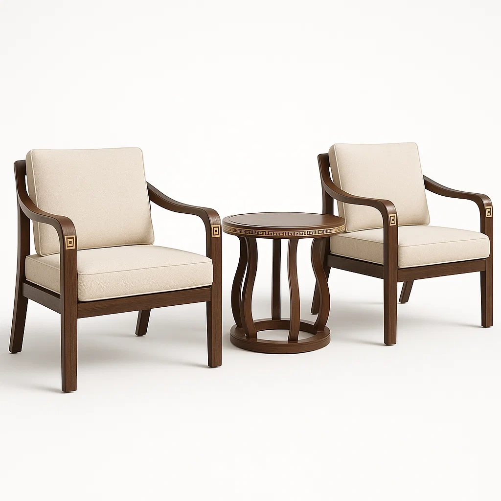 Conjunto de salón con mesa redonda y sillas de madera tapizadas en tela beige, 3 piezas