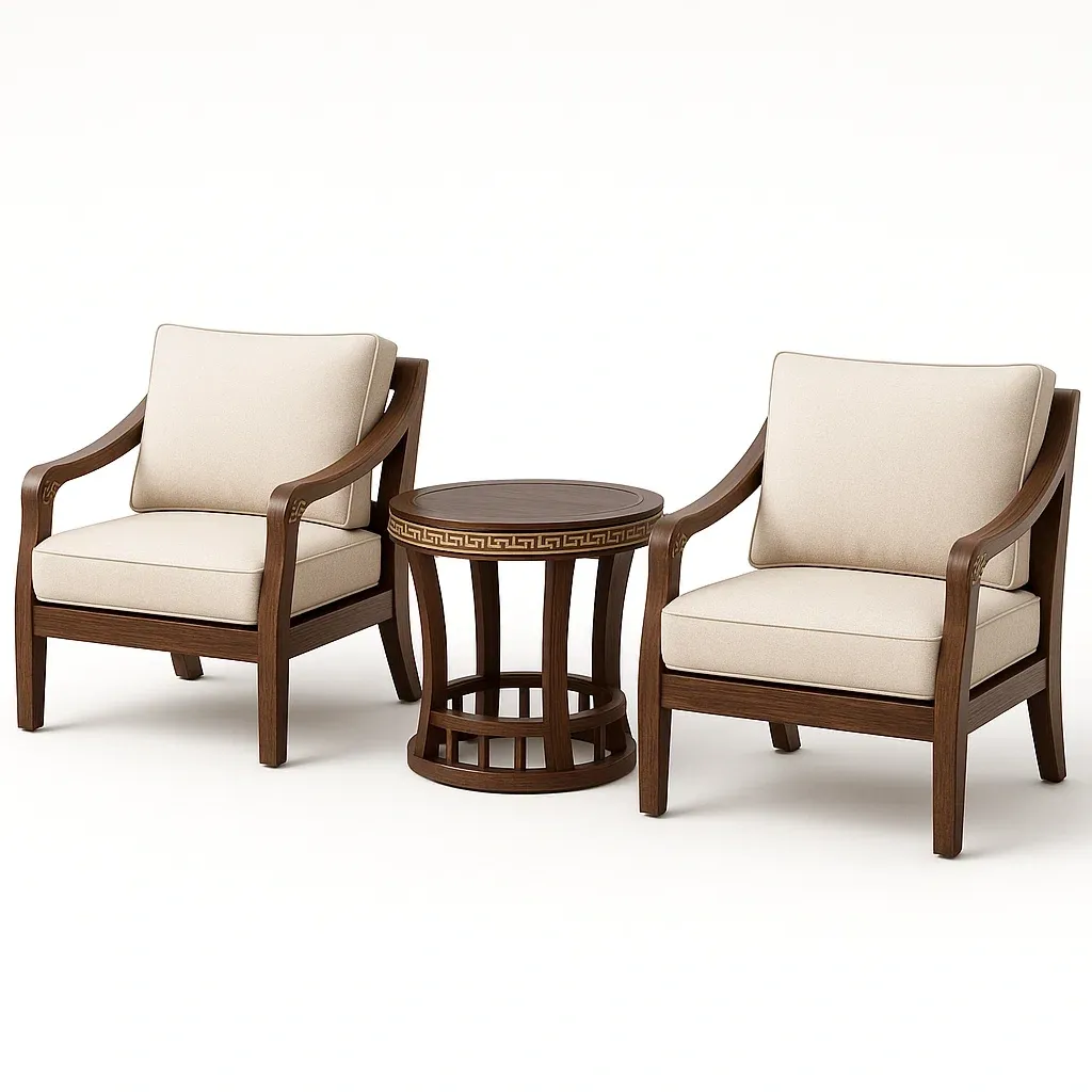 Conjunto de salón con mesa y sillas de madera tapizadas en tela beige, 3 piezas