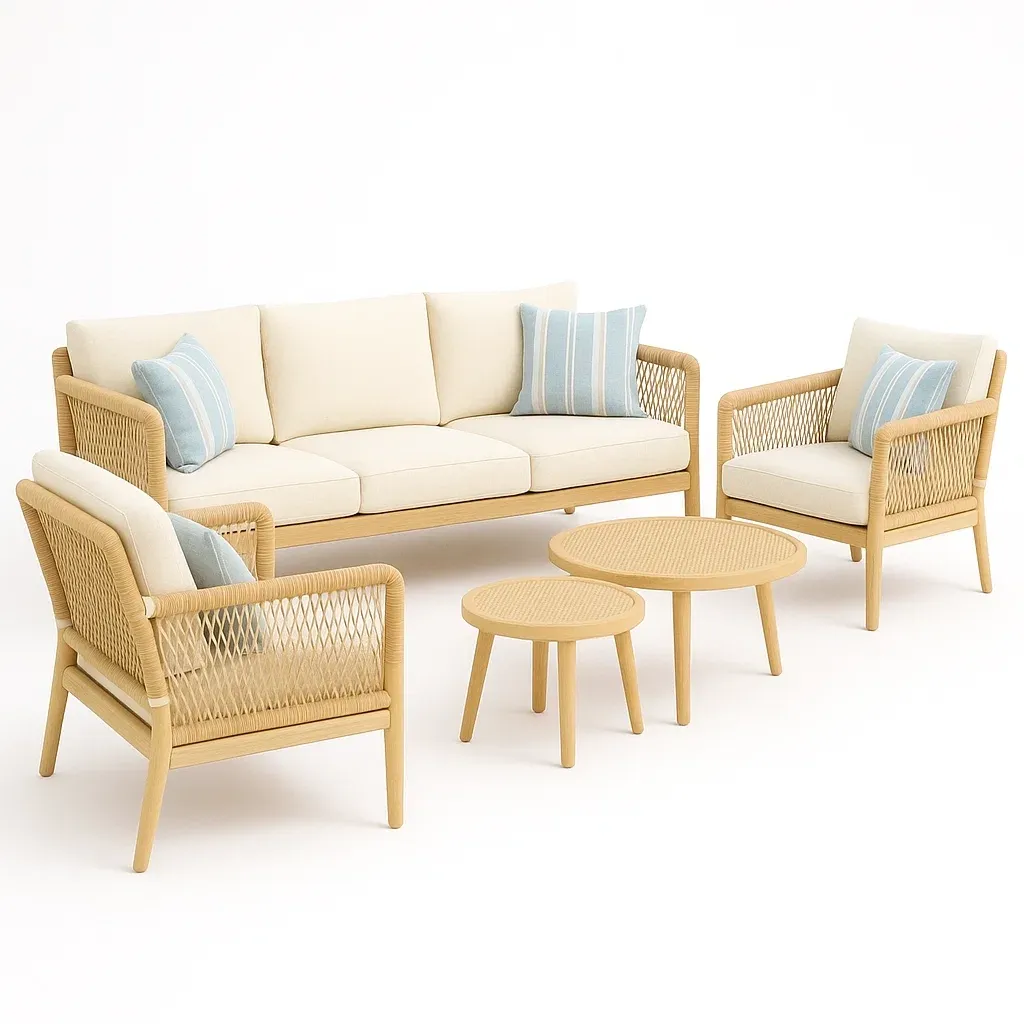 Conjunto de salón para patio de madera con sofá y sillones de cuerda sintética 5 piezas