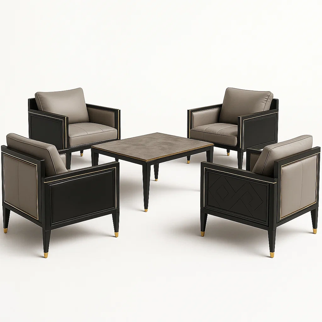 Conjunto de salón para patio de madera y PU negro/gris 5 piezas