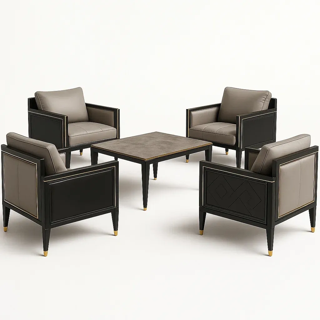 Conjunto de salón para patio de madera y PU negro/gris 5 piezas