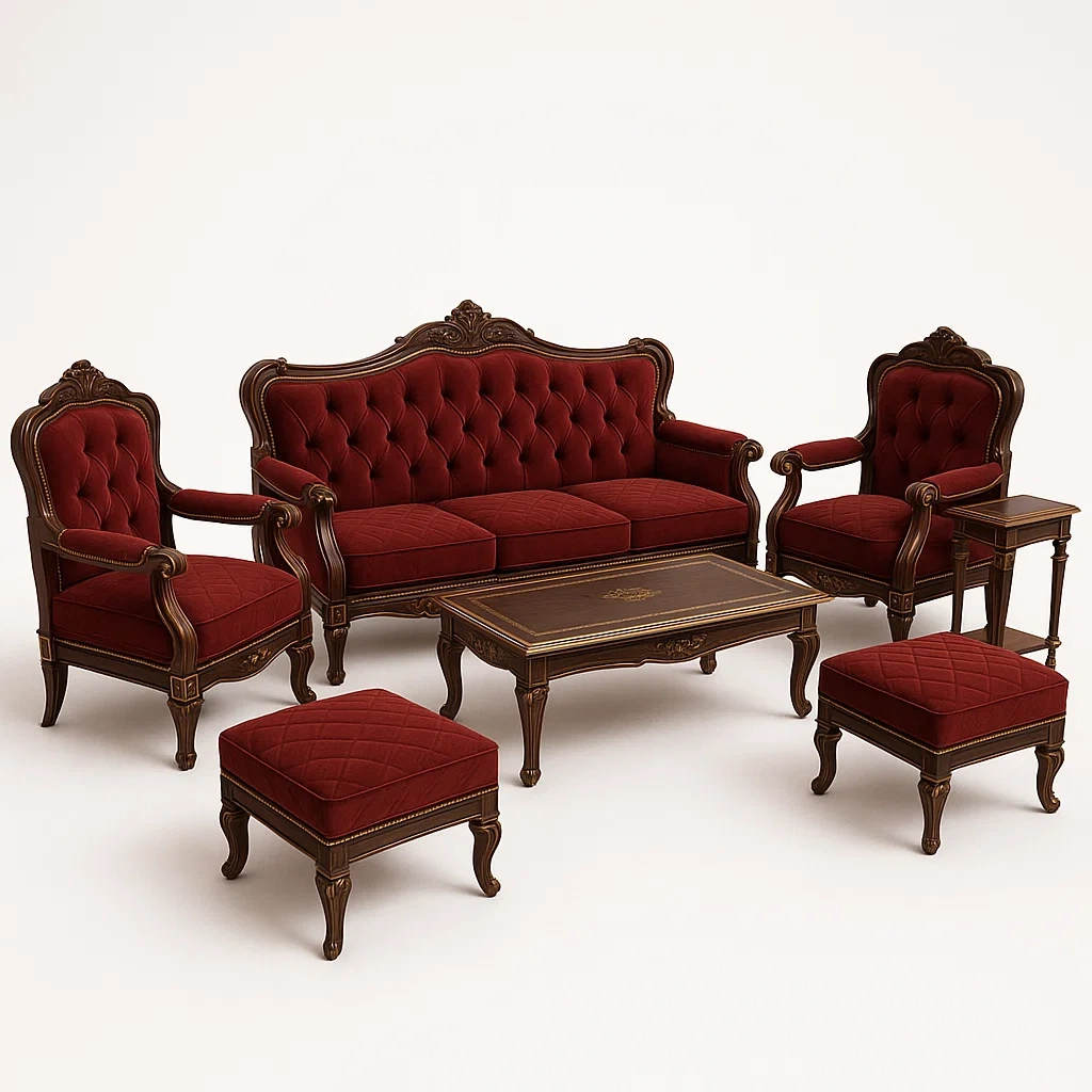 Conjunto de salón de madera y terciopelo rojo con sofá y sillones, 7 piezas