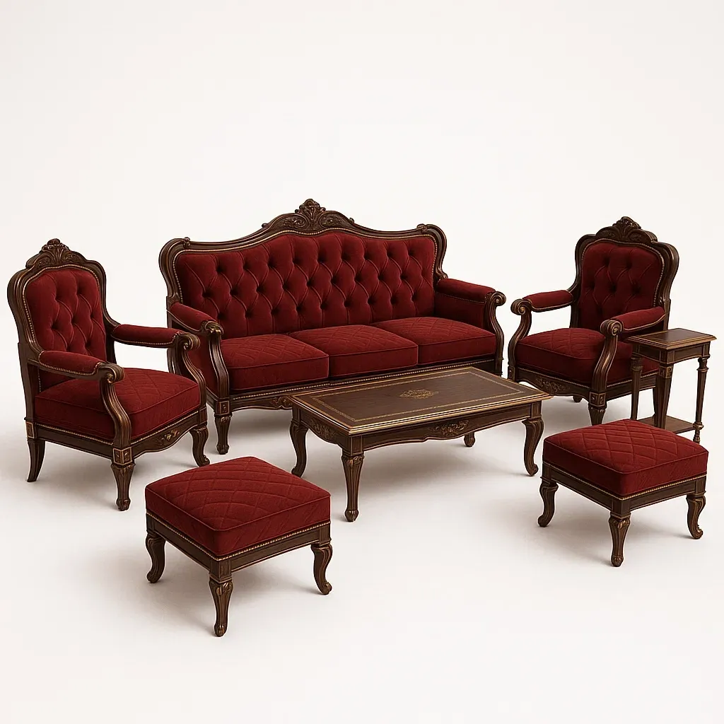 Conjunto de salón de madera y terciopelo rojo con sofá y sillones, 7 piezas