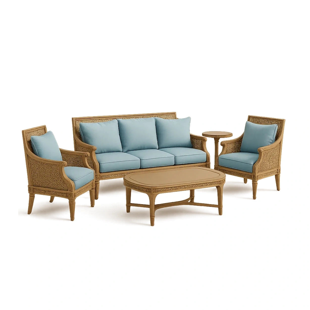 Conjunto de salón para patio de ratán sintético y madera de teca con sofá, sillones, mesa auxiliar y mesa central 5 piezas