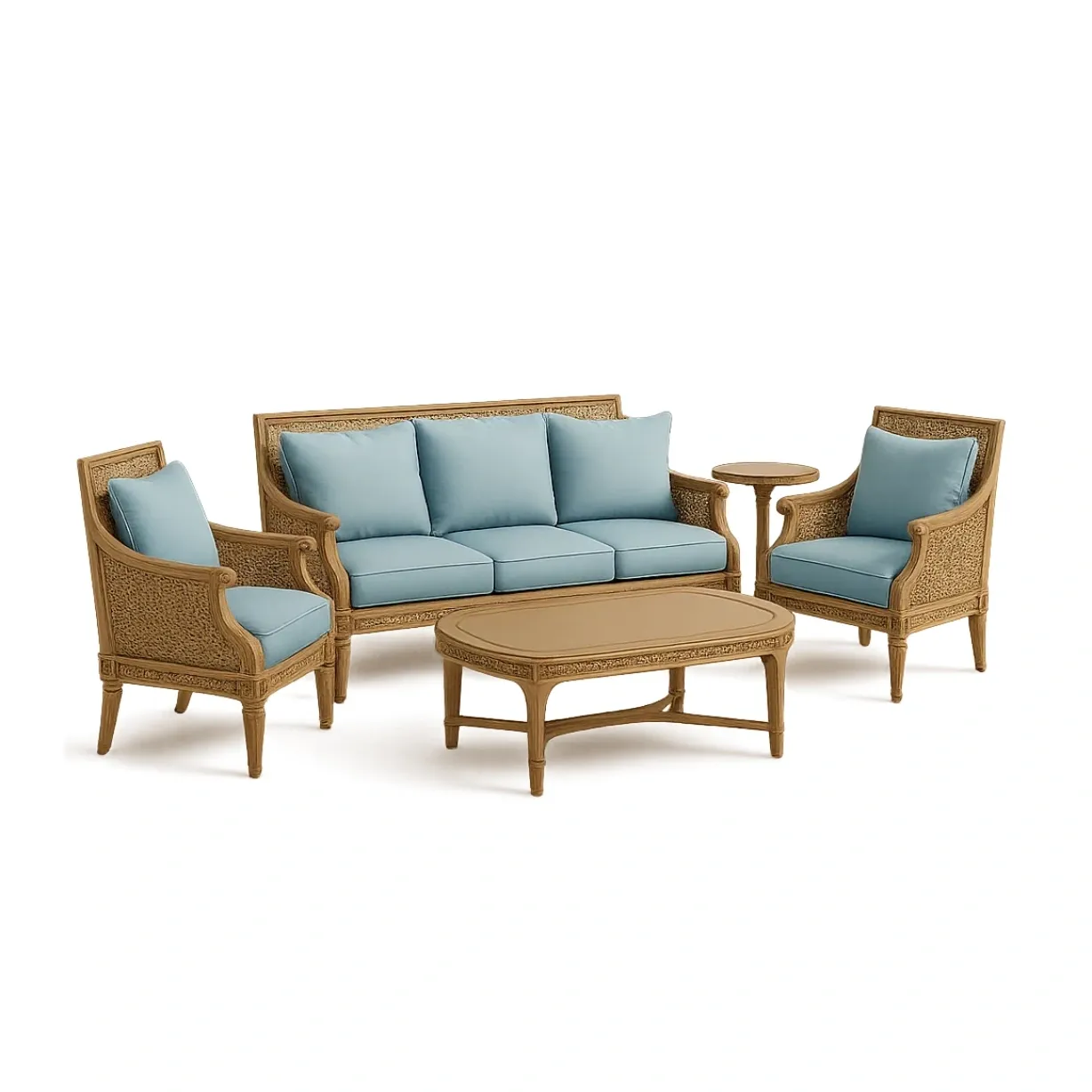 Conjunto de salón para patio de ratán sintético y madera de teca con sofá, sillones, mesa auxiliar y mesa central 5 piezas