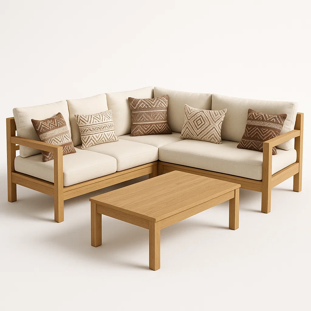 Conjunto de salón para patio esquinero de roble beige y algodón con mesa auxiliar