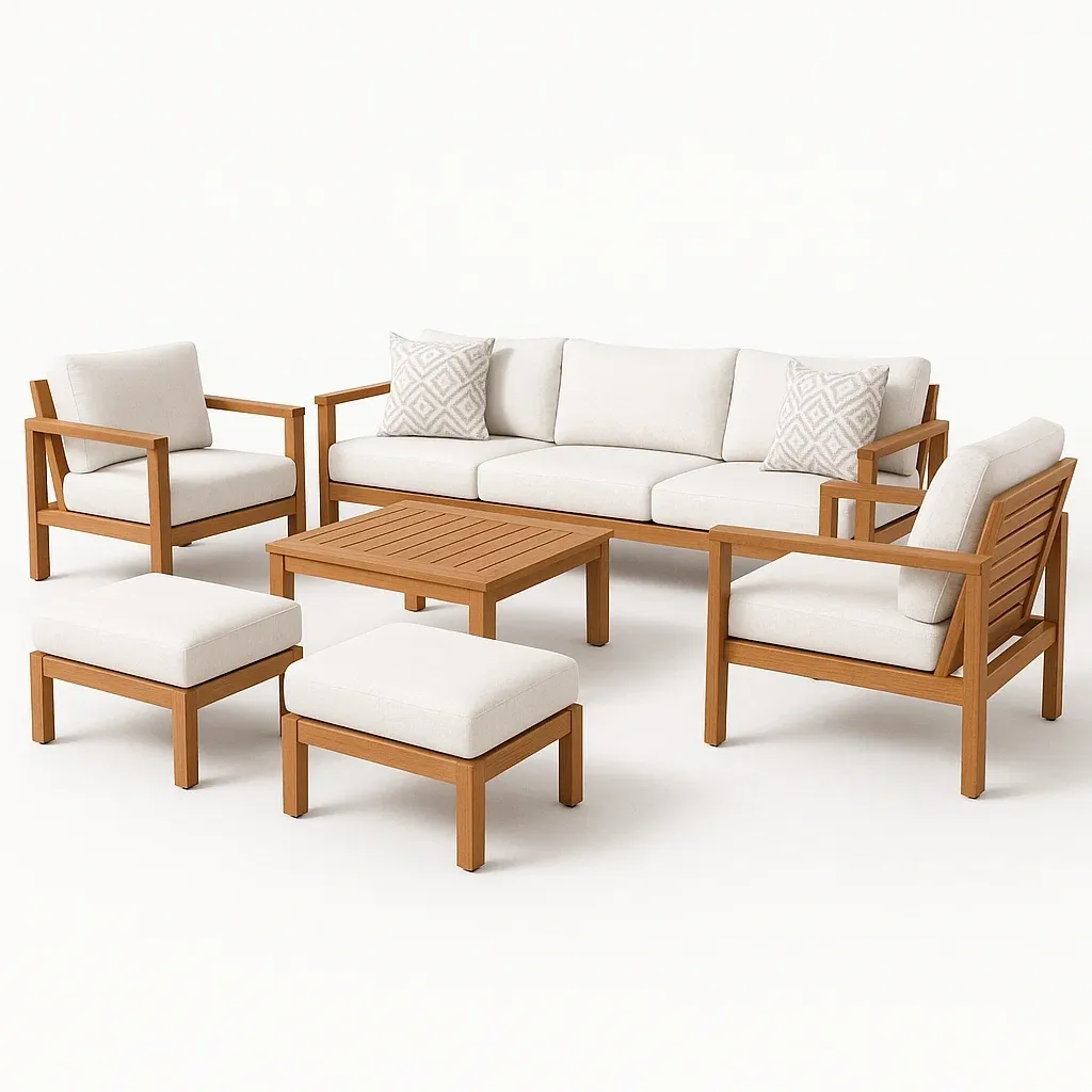 Conjunto de salón para patio de madera con cojines color crema 6 piezas