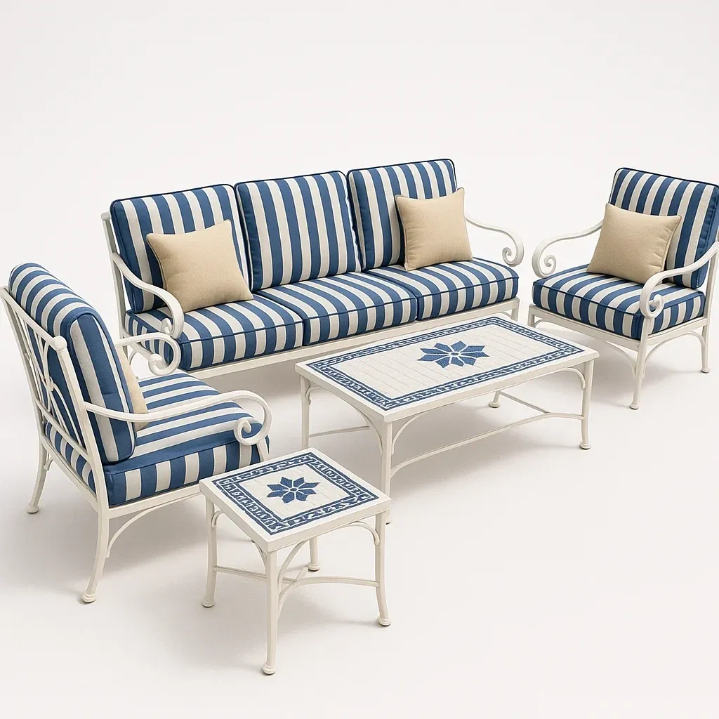 Conjunto de salón para patio de aluminio con cojines de poliéster azul y blanco 5 piezas